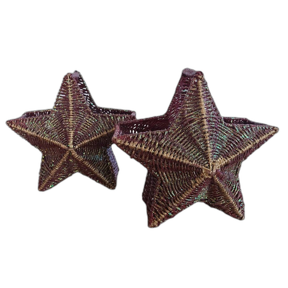 Set of Two Christmas Holiday Star Shaped Wicker Baskets W/ Handle Glitter Accent